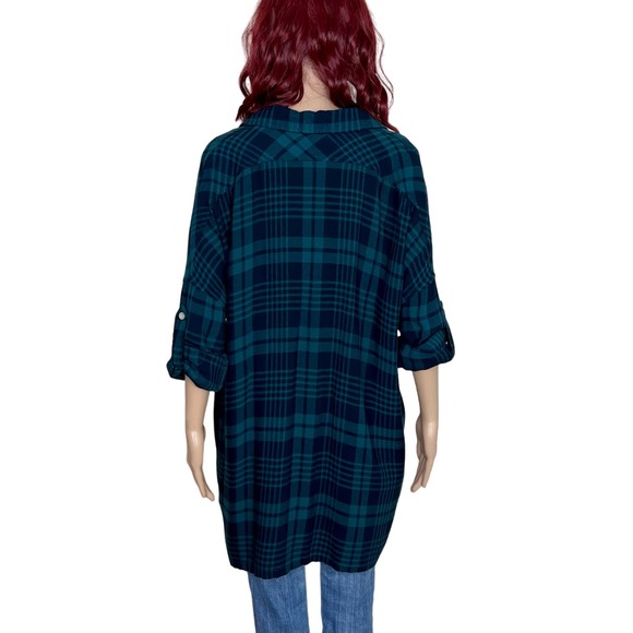 Entro Plaid Flannel Long Button Down Top Womens Small Green Black Pockets Tunic - Picture 2 of 11